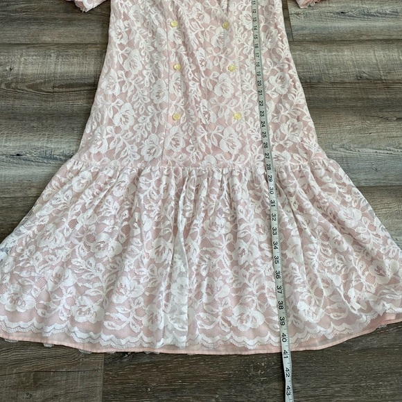Vintage Pink Lace Overlay Drop Waist Button Down Vneck Dress Shoulder Pads - Picture 7 of 10